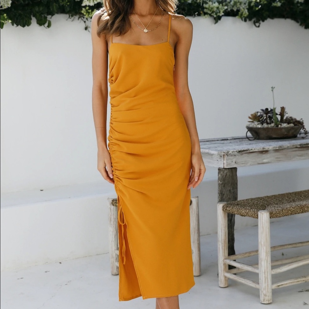Hello Molly Heartfelt Confession Midi Dress Mustard